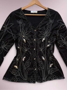 90s Vintage Black White Floral Sequin Cardigan Once Again XL Embroidered Beaded